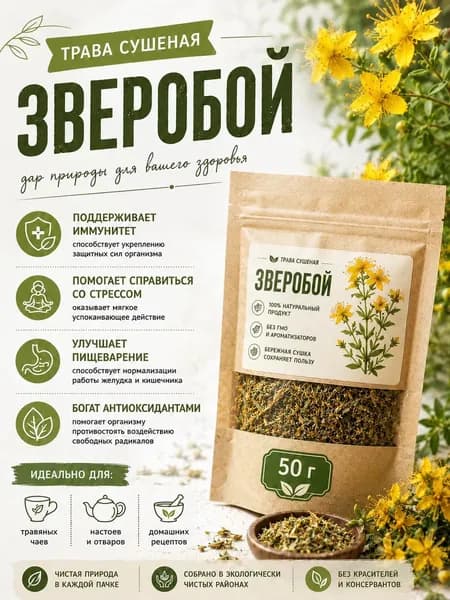Зверобой трава сушеная 50 г натуральный сбор для кожи, купания, волос и травяного настоя