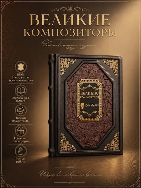 Подарочная книга Великие композиторы в кожаном переплете ручной работы элитное коллекционное издание из натуральной кожи с цветными иллюстрациями | Абовская Светлана Наумовна