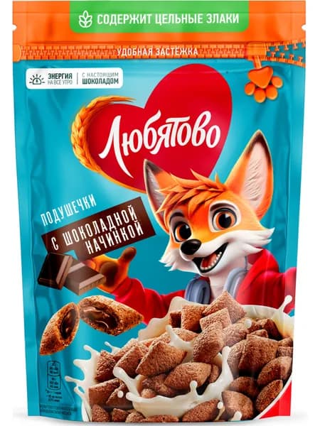 Сухой завтрак Любятово подушечки с шоколадной начинкой, комплект: 9 упаковок по 220 г