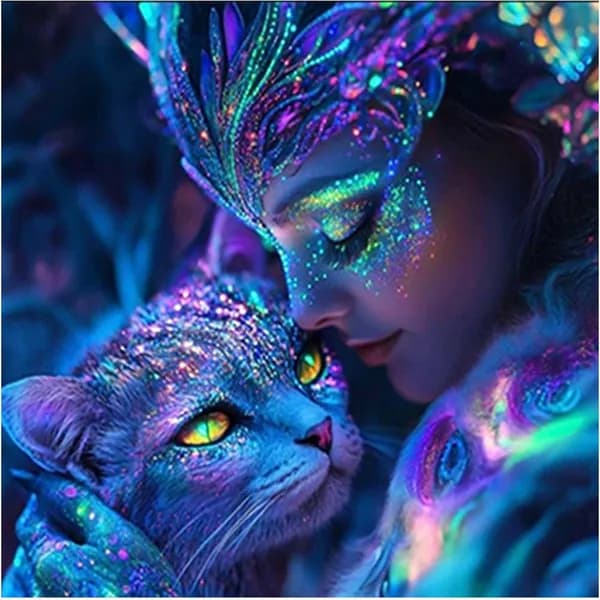 Кошка и женщина со светящимися узорами DIY 5D-рисунок из алмазов без рамки