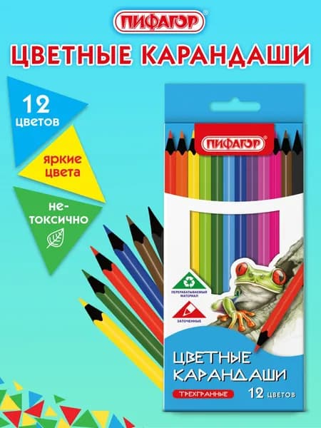 Набор цветных карандашей 12 шт Пифагор Стандарт, трехгранный корпус