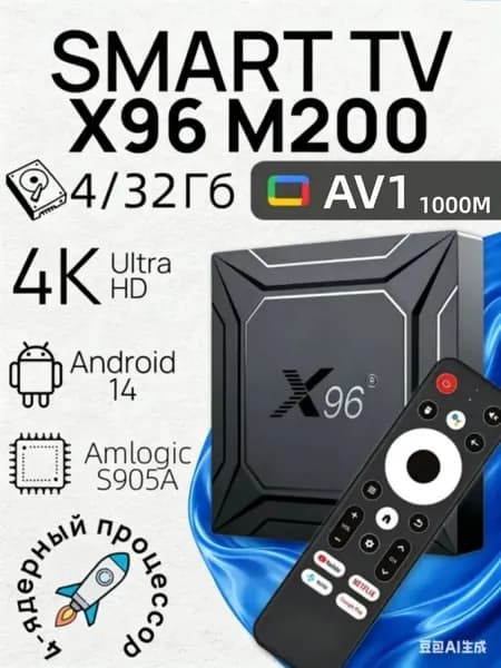 Смарт ТВ приставка/ Медиаплеер X96 M200 4/32 Гб, 4K, Amlogic S905X5M, ТВ бокс ,Андроид 14, 4К,Smart-TV Box.
