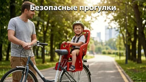 Детское велокресло на задний багажник с пятиточечным ремнем безопасности, поручнем и защитой ног.