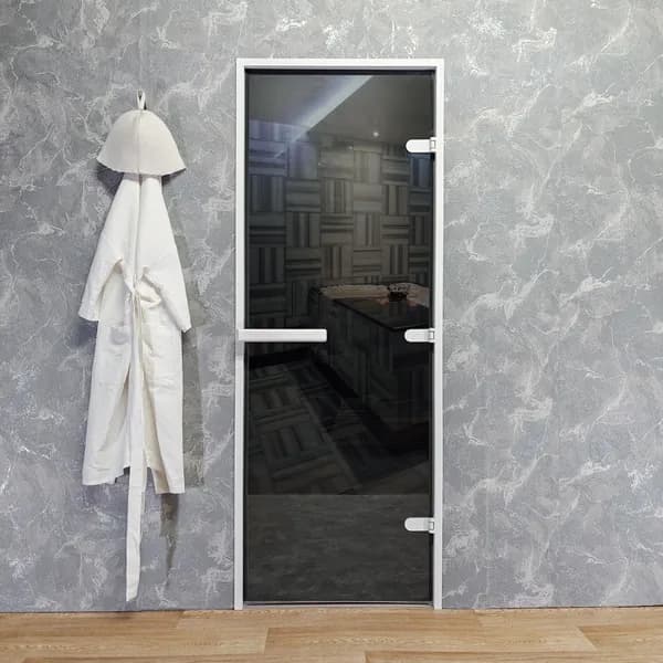 Дверь для хамам и сауны Gratec Estri White Premium, белый короб и фурнитура, серое прозрачное закаленное стекло 8 мм, правое открывание