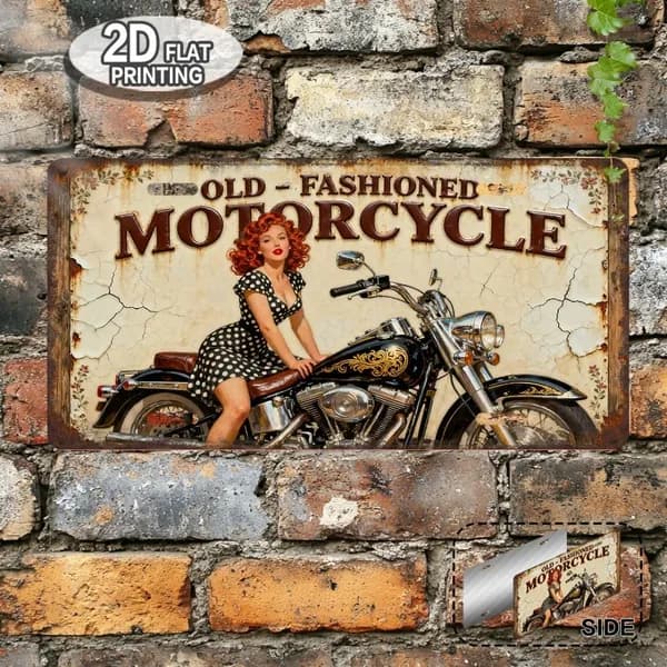Табличка "Old-Fashioned Motorcycle Pin-Up Girl", ретро стиль, металл, декор для мотолюбителя, 15х30 см.