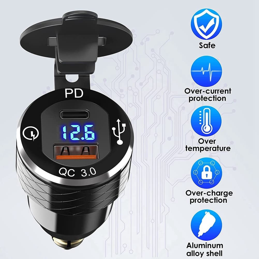 Быстрое зарядное устройство USB PD 3.0 Type C для мотоциклов Ducati BMW 12 В-24 В