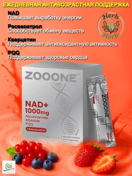 Zooone NAD+ 1000mg Усиленный комплекс: Никотинамид Рибо зид + Ресвератрол + PQQ для энергии, молодости и концентрации. Аналог NMN премиум, антивозрастной уход 30 шт