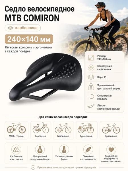 Седло велосипедное карбоновое COMIRON 240X140. вес 120 гр. Цвет: Чёрный