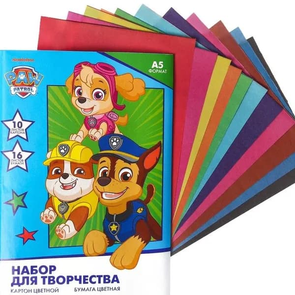 Набор "Щенячий патруль", 10 листов цветного одностороннего картона + 16 листов цветной двусторонней бумаги, формат А5, для аппликаций, поделок и детского творчества