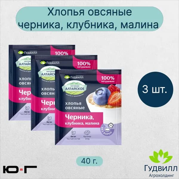 Хлопья овсяные с черникой+клубникой+малиной, Гудвилл, НТВ, 40 гр. - 3 шт.