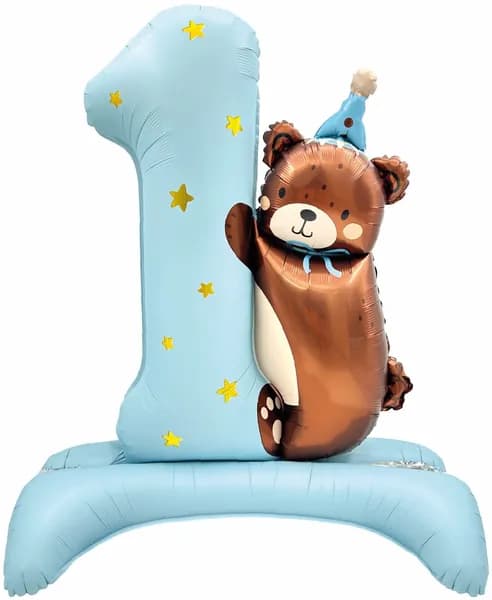 Шар (35''/89 см) Цифра, 1 Годик, Мишка в колпачке, Голубой, 1 шт.