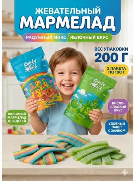 Жевательный мармелад натуральный , набор радуга и яблоко , 200 грамм