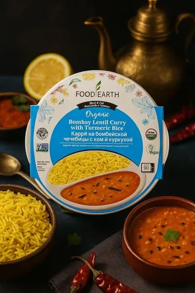 Карри из бомбейской чечевицы с рисом и куркумой без глютена, Vegan 300г FoodEarth BIO (Индия)