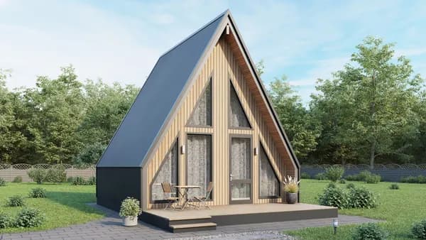 Домокомплект из СИП-панелей ПСК-303 "Куруш" A-frame, 1 этаж + антресоль, патио 15 м, раскрой/нумерация панелей, АР/КР