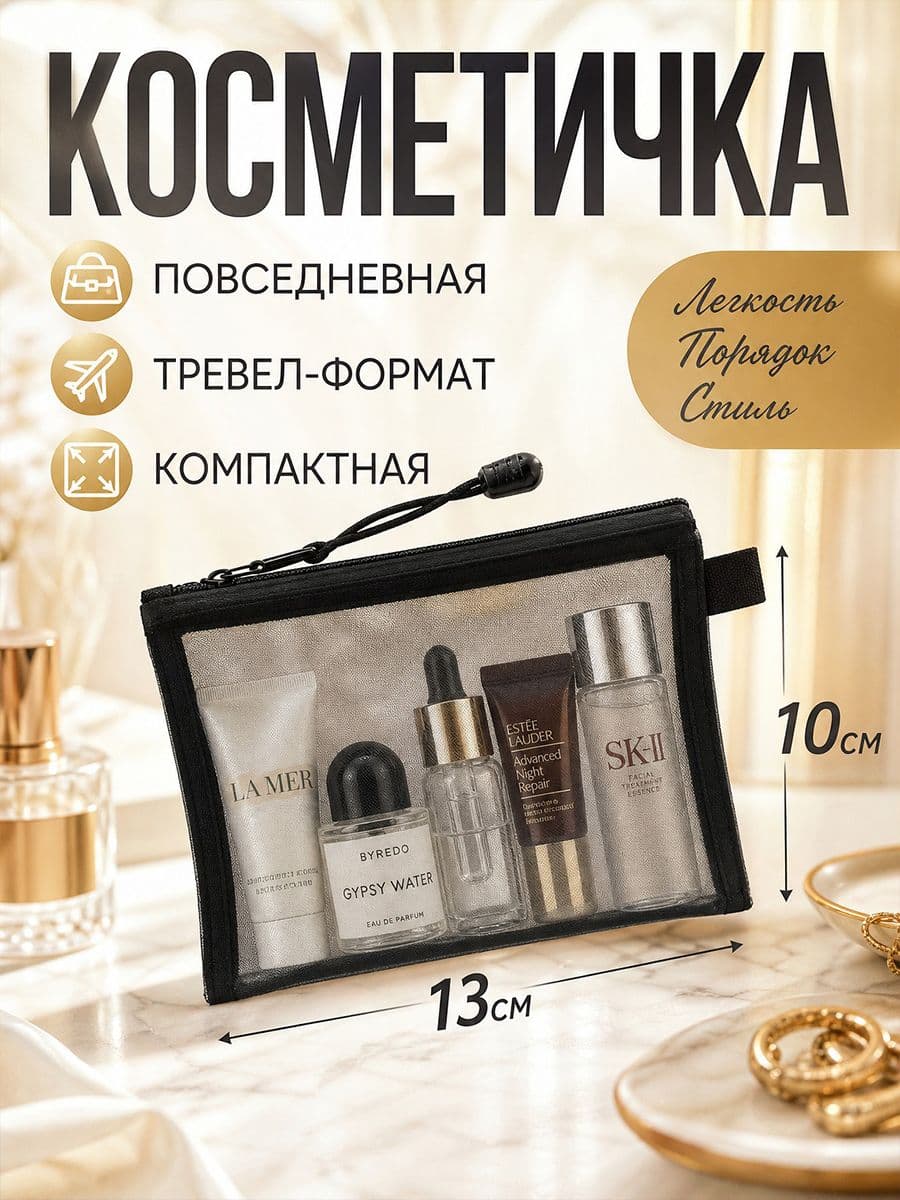 Косметичка женская маленькая. Сетчатая, черная. 13х10см