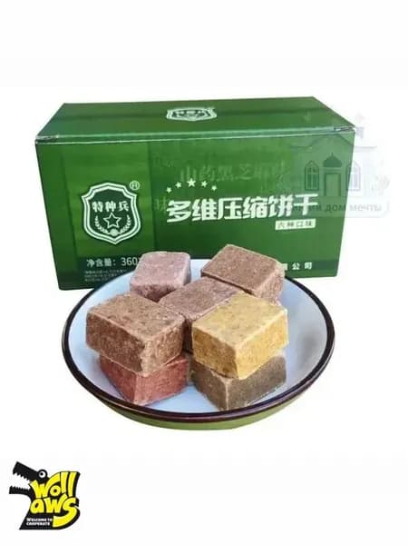 Прессованное печенье весом 360 грамм имеет 6 вкусов, питательно, утоляет голод и используется в экстренных случаях.