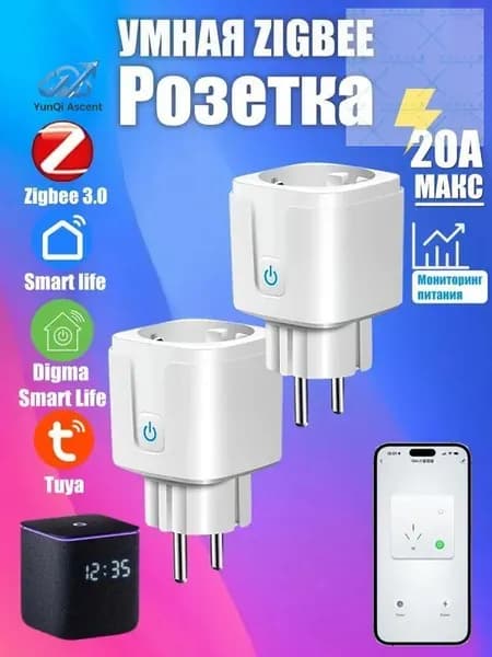 2шт Умная розетка ZigBee 3.0 EU 20A с Алисой, таймер и мониторинг
