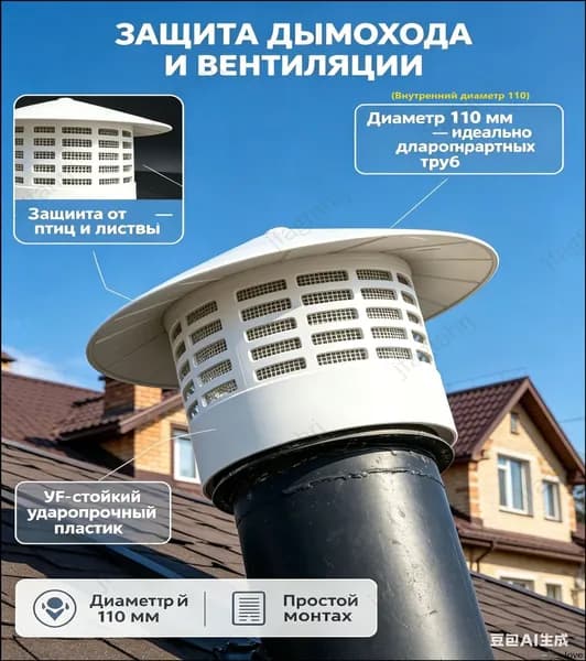 Колпак на дымоход и вентиляцию 110 мм, зонт на трубу вытяжки пластиковый - оголовок для канализации и кровли, дефлектор ударопрочный белый.