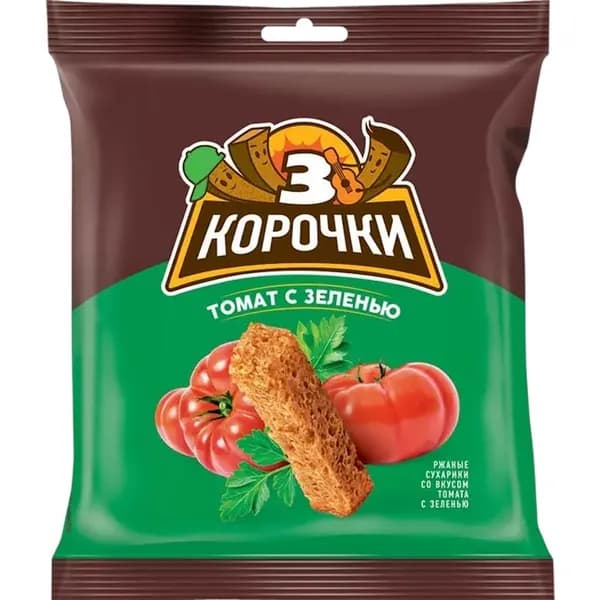 3 корочки Сухарики ржаные, томат, зелень, 40 г, 1 штука