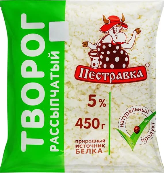 Творог ПЕСТРАВКА 5%, без змж, 450г