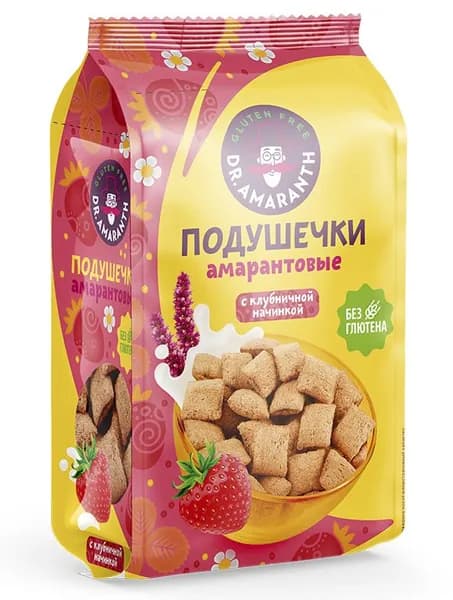DR.AMARANTH Подушечки амарантовые c клубничной начинкой с сахаром 100 гр, 6 уп