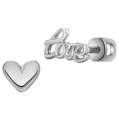 Серьги пусеты серебро 925 гвоздики ассиметричные Love Сердце