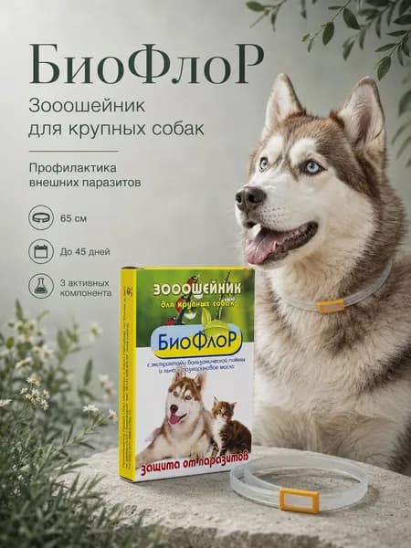 БиоФлоР Зоо ошейник для собак крупных пород "Защита от паразитов", с экстрактами бальзамической пижмы и льна и розмариновым маслом, 65 см
