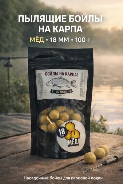 Пылящие бойлы На Карпа!, 18 мм, 100 г, Мёд - насадочные бойлы для волосной оснастки, приманка для рыбалки, зип-пакет