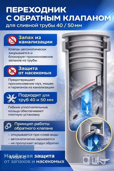 Обратный клапан для канализации 40,50 мм под раковину, переходник для сифона и гофры, антизапах, защита от насекомых