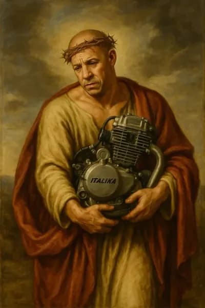 Табличка Ван Дизель "Святой Двигатель Italika", ретро стиль, металл, декор для гаража мотоциклиста, 20х30 см.