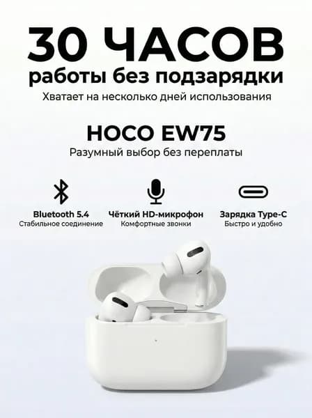 Наушники беспроводные с микрофоном Hoco EW75, Bluetooth, USB Type-C, белый