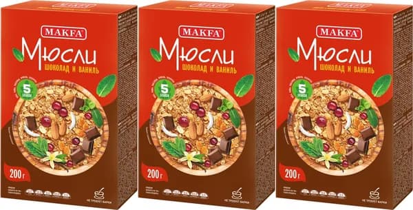 Мюсли Makfa 5 злаков шоколад-ваниль, комплект: 3 упаковки по 200 г