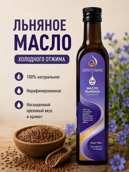 Льняное нерафинированное масло Золотухино высшего сорта холодного отжима для заправки салатов, выпечки, стеклянная бутылка 250 мл