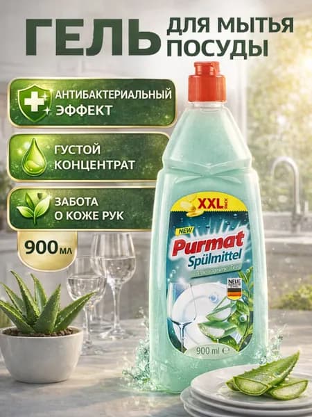 Средство для мытья посуды, жидкость, гель, моющее средство для посуды Purmat Алоэ Зеленый чай 900 мл