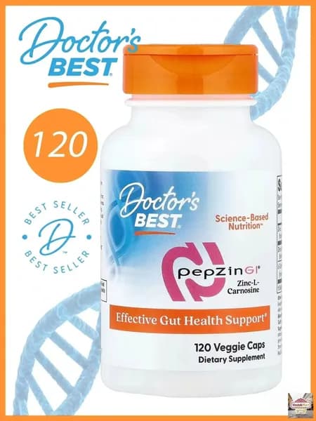 Doctor's Best Хелат цинка + L-карнозин для укрепления иммунитета, витамины для волос, кожи и ногтей Доктор Бест PepZin GI, Zinc-L-Carnosine Complex, 16 мг - 120 вегетарианских капсул