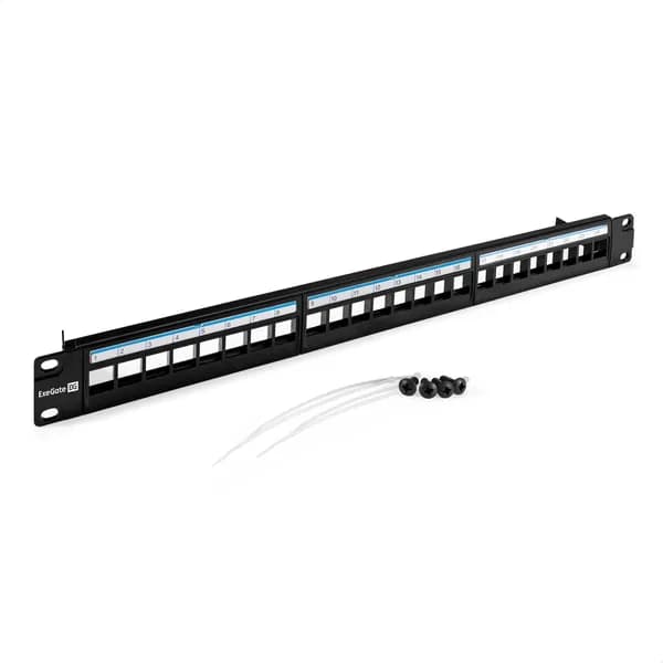 Патч-панель модульная ExeGate EPPB-19-24 (19", UTP, 24 port, наборная, неэкранированная, 1U, RoHS, с кабельным органайзером, Black, RTL)