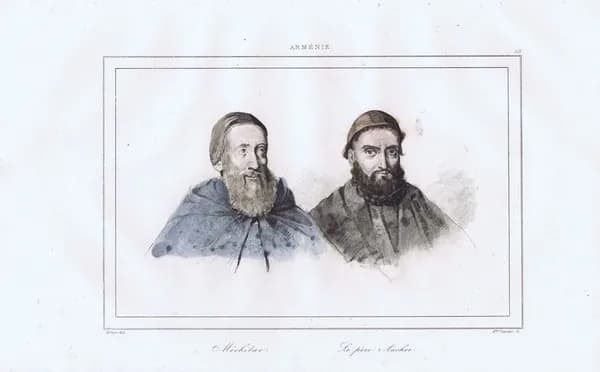 Армения. Мхитар и отец Ашер. Антикварная гравюра (офорт, акварель). Франция, 1838 год