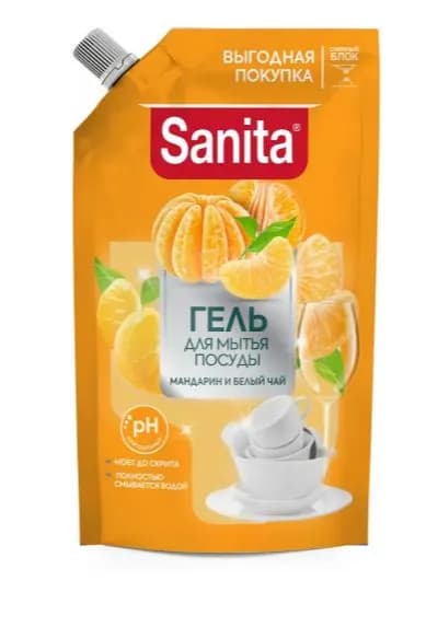 Sanita Гель для мытья посуды, Мандарин и белый чай, дой-пак, 900 гр