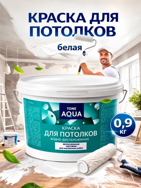 Тон Аква Краска водно-дисперсионная для потолка, белоснежная, 0,9 кг