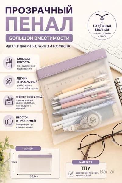 Матковый прозрачный пенал для ручек, большой вместимости, утолщенный дизайн, лавандового цвета
