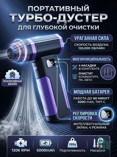 Портативный аккумуляторный воздуходувпылесос, бестселлер 2024, с функцией сбора пыли для компьютерного оборудования, представлен в виде турбовентилятора.