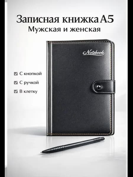 Записная книжка мужская A5 с кнопкой и ручкой в клетку