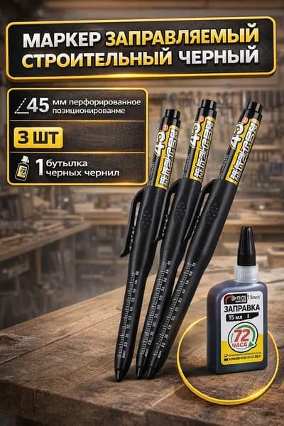 Маркер строительный тонкий черный разметочный с длинным наконечником 45 мм набор строительных маркеров, 3 шт