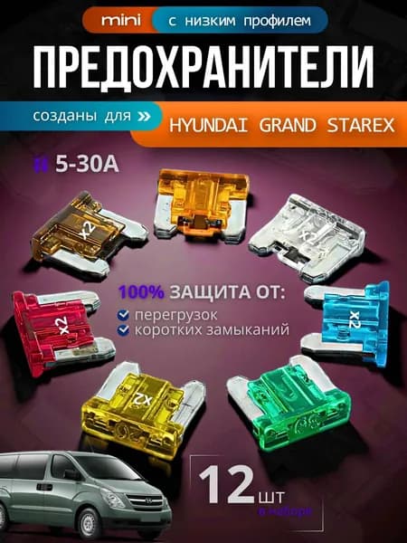 Предохранители для Хендай Гранд Старекс (Hyundai Grand Starex) / автомобильный набор Мини с низким профилем, 12 штук с пинцетом / флажковые 5-30 А