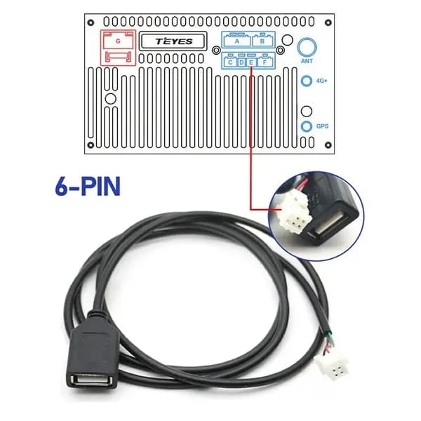 USB кабель для магнитол на Android 6 pin, черный.