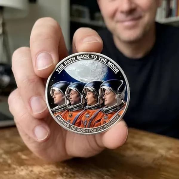 Памятная монета Артемида-2 с рельефным изображением экипажа и лунного полёта