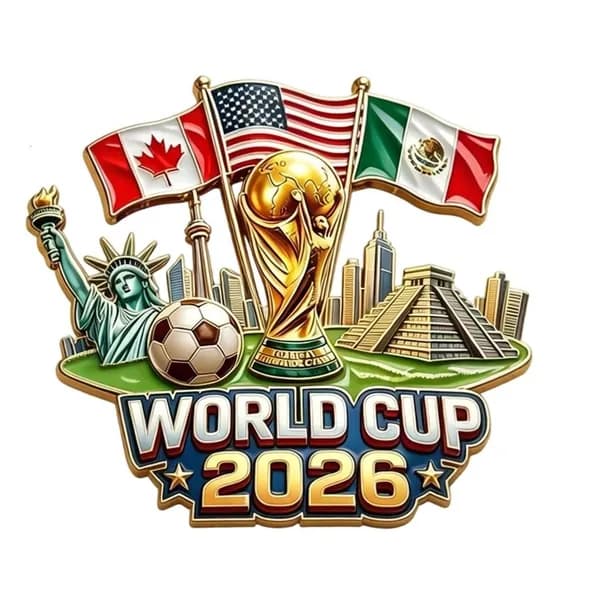Флаг Чемпионата мира по футболу 2026 года и креативная брошь-значок с логотипом достопримечательности