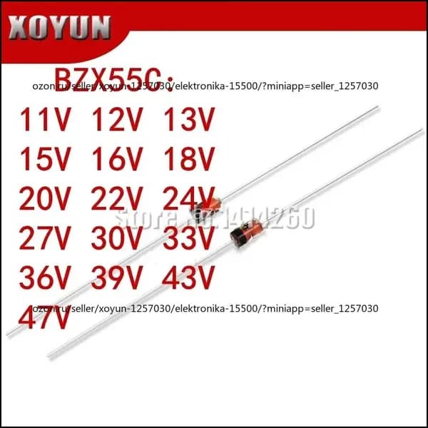 Популярный стабилитрон 22V 0.5W DO35, комплект 100 единиц