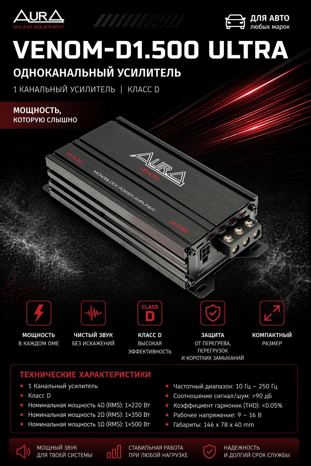 Одноканальный усилитель Aura VENOM-D1.500 ULTRA