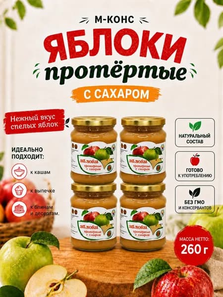 Яблоки Мичуринские протертые с сахаром, 4 шт. по 260 г